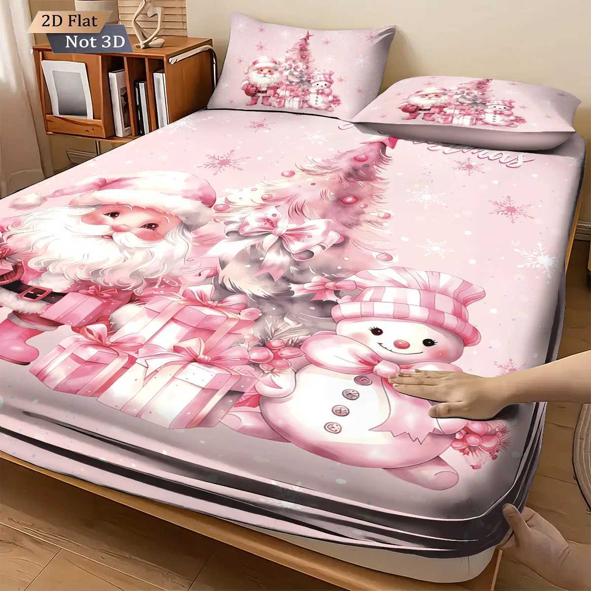 Christmas 3pcs pink Christmas snowman print coreless bed sheet set multiple sizes bed covers bedroom bedding decorations machine washable Y251126