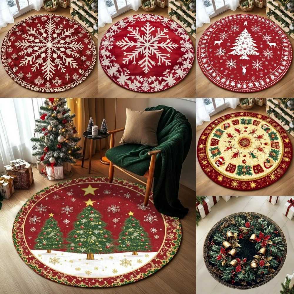 Festive Snowflake Christmas Tree Round Rug Holiday Decor Cozy Living Room Bedroom FloorMat Winter Seasonal Home Gift Bedside RugM251126
