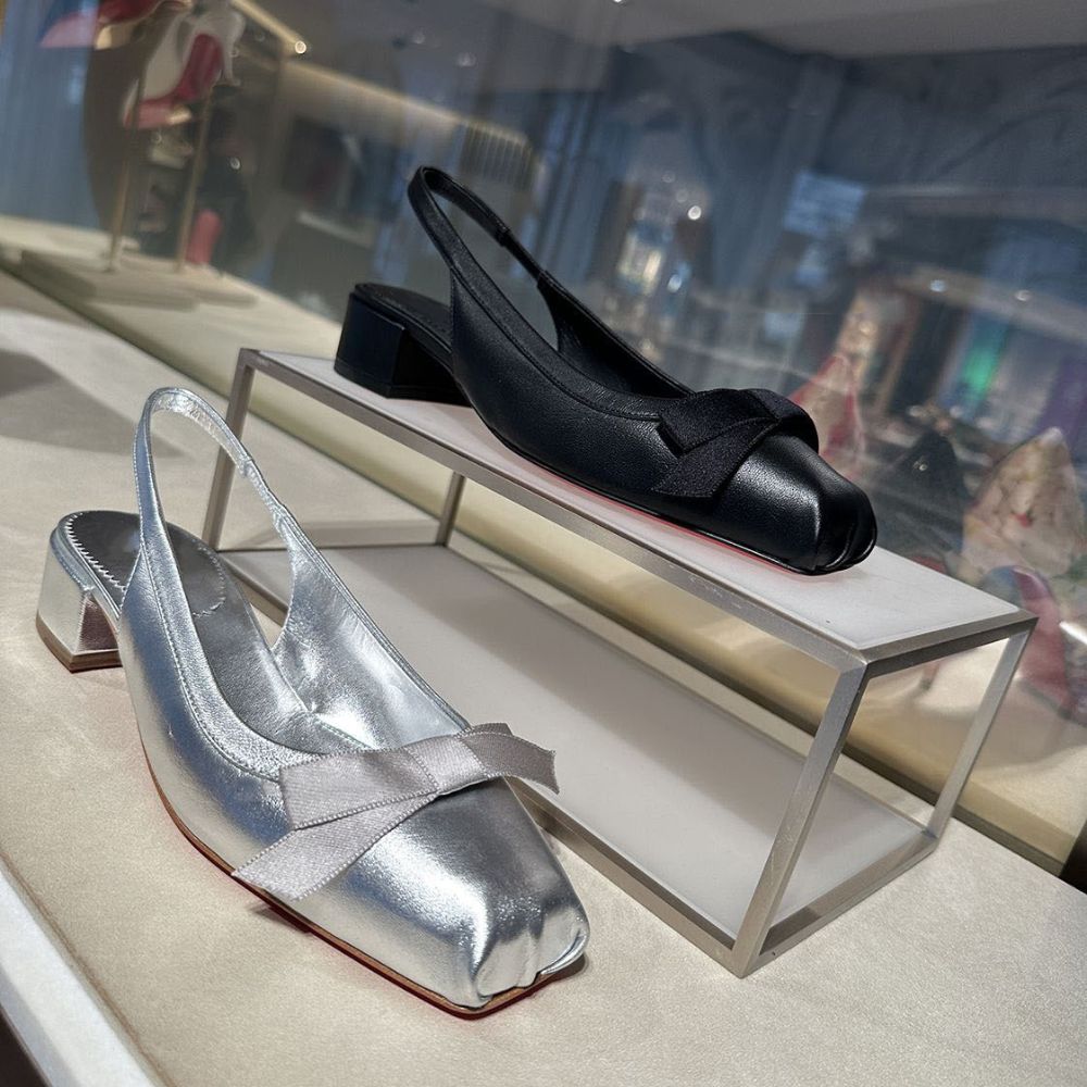 Women's Square Toe Bow Slingback Block Heel Sandals Metallic Black/Silver Evening Party Footwear---168-10