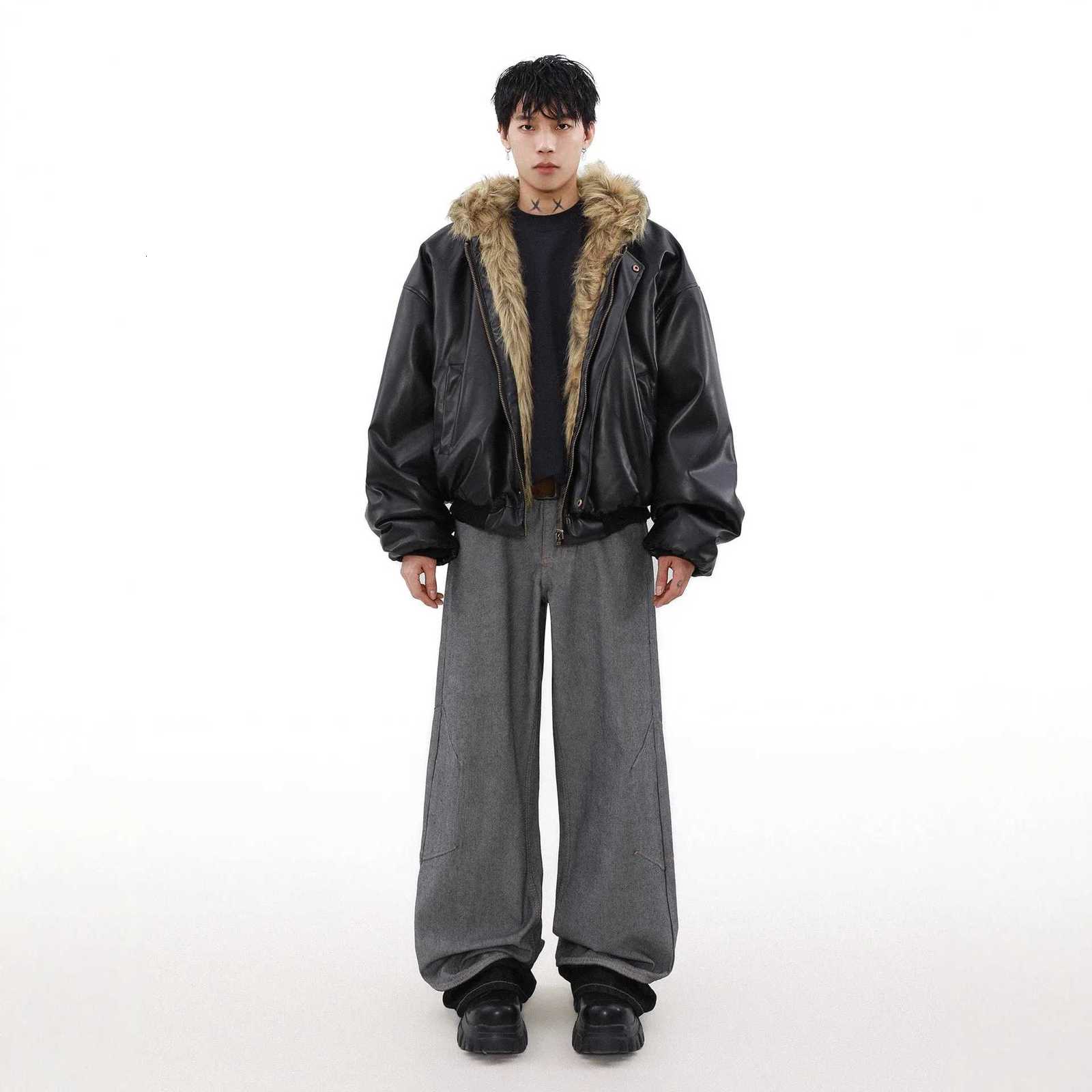 Fashion American Style Mens Padded Jackets PU Leather Reversible Faux Fur Fleece Thickened Solid Color Loose Male Coats Tide Y251125