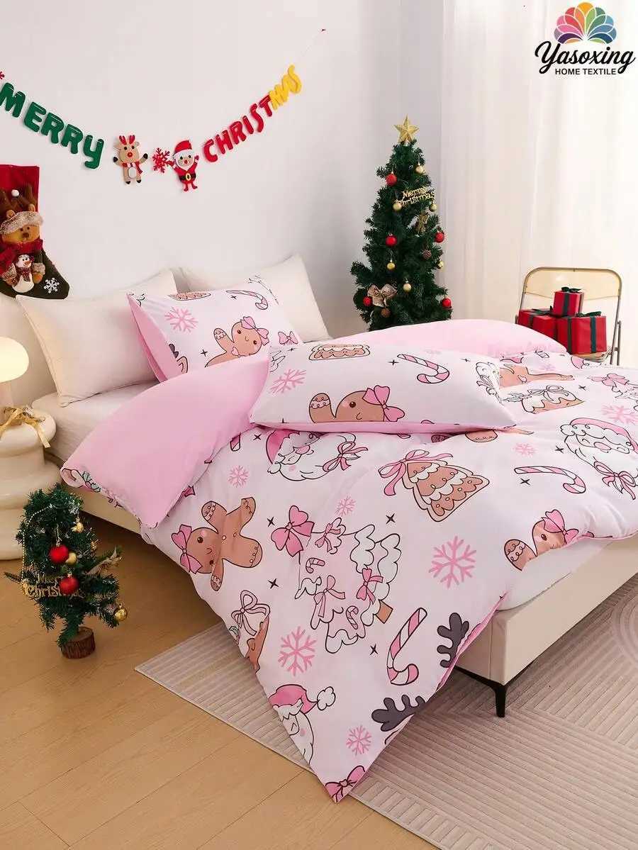 Christmas 2/3pcs Pink Christmas Snowflake Gift Gingerbread Man Pattern Reversible Color Duvet Cover Bedding Set Soft Breatheable Y251126