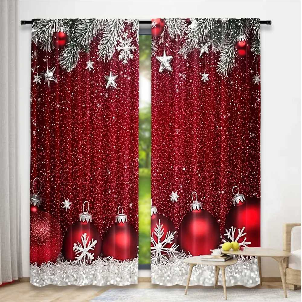 Curtain Christmas 2D flat printing 2pcs Christmas curtains Christmas Red Ball Digital Printed Polyester Drapes Birthday Party Perfect for Parties Y251