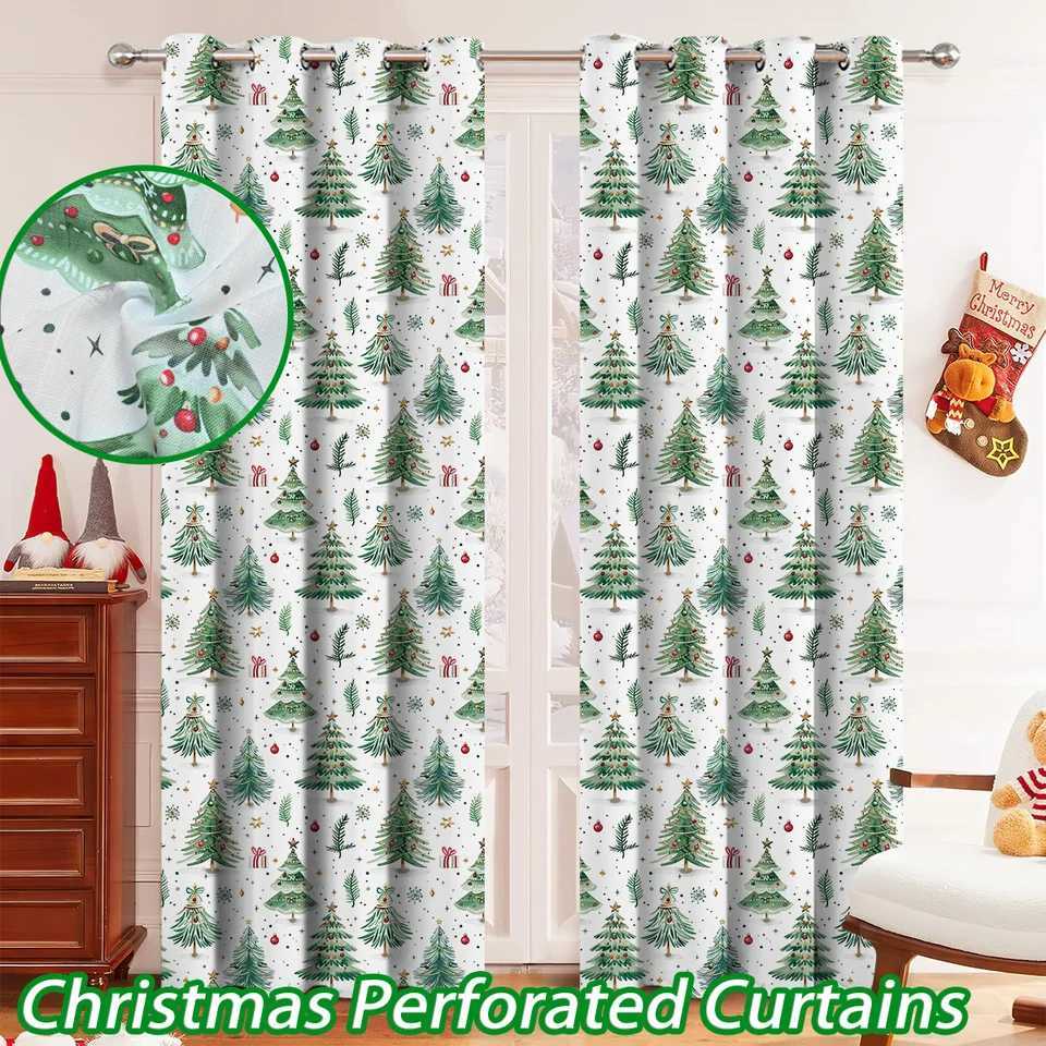 Curtain Christmas Christmas Perforated Finished Curtains Forest Printed Blackout Curtains Christmas Window Decoration Props Home Decor Y251126