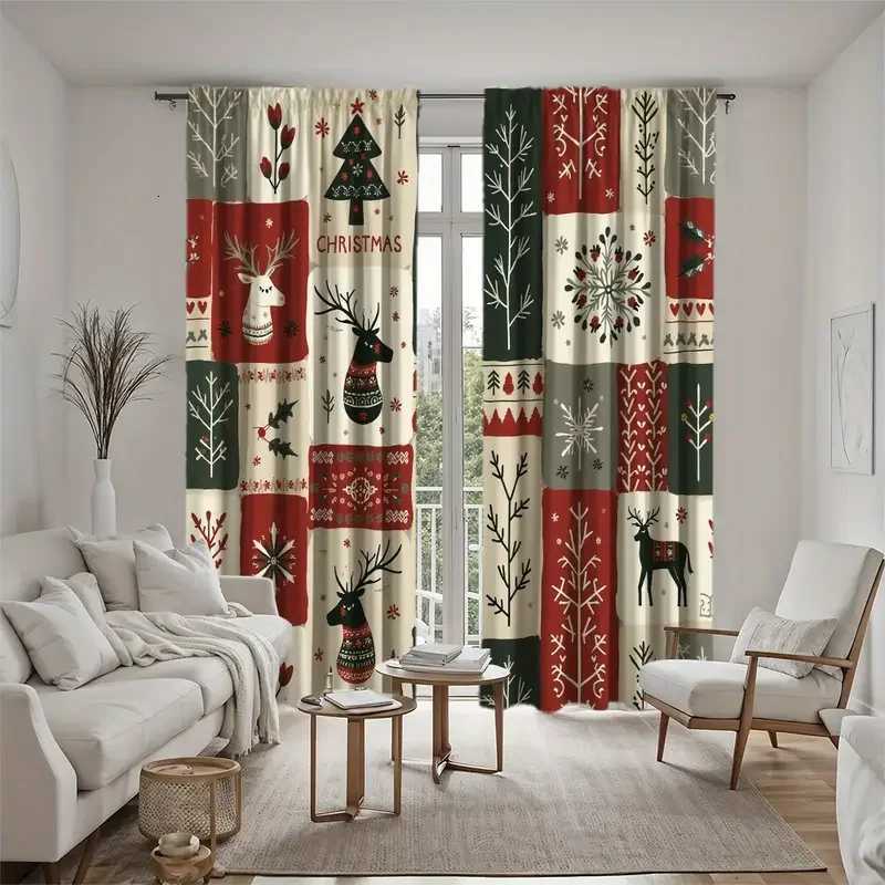 Curtain Christmas 2pcs Cute Patchwork Christmas Pattern Curtains Playful Design Light - Filtering Polyester Curtains for Christmas Home Windows Y25112