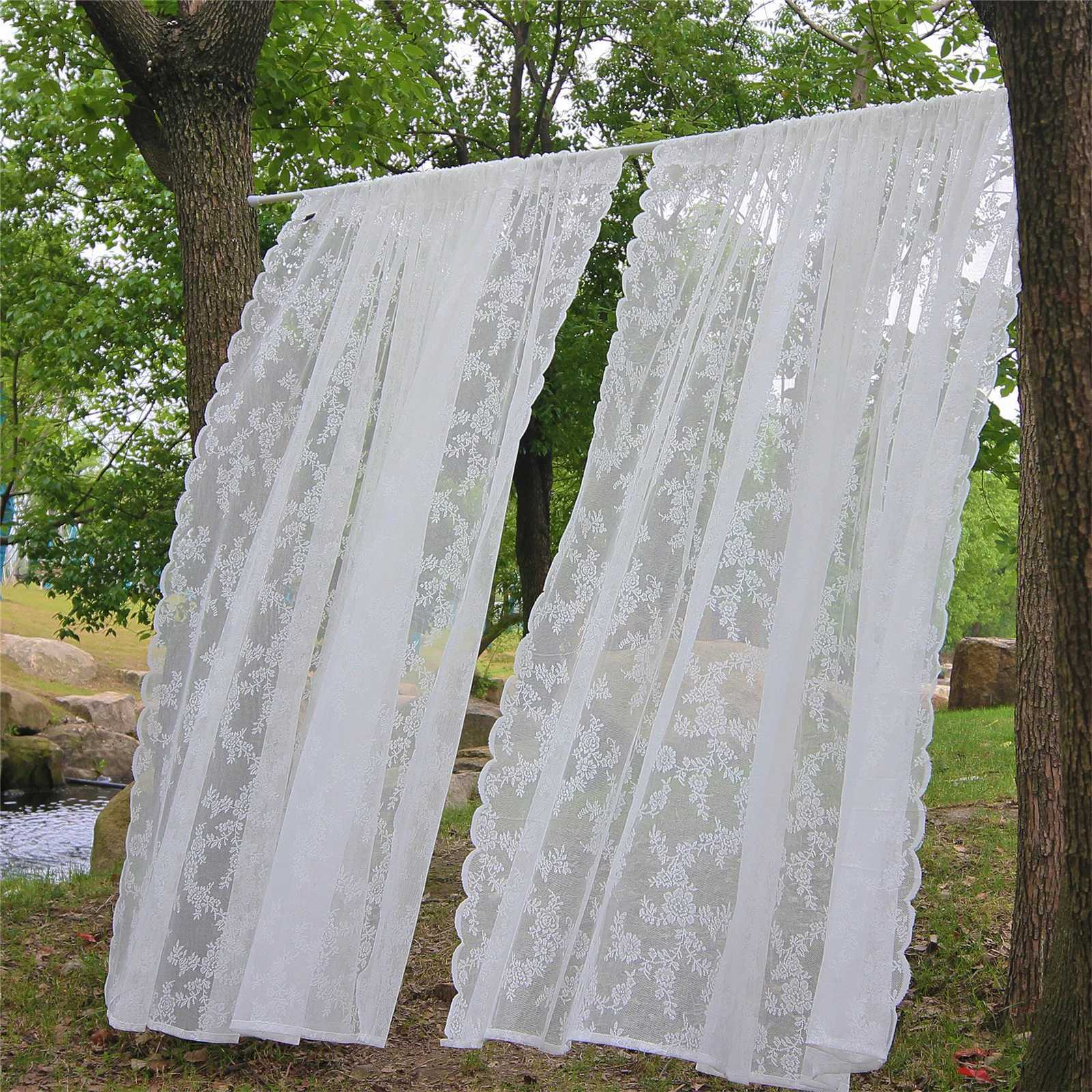 Christmas White Floral Lace Sheer Rod Pocket Curtain Panel Semi Transparent Airy Light Filtering For Bedroom Living Room Window Treatment Y251126