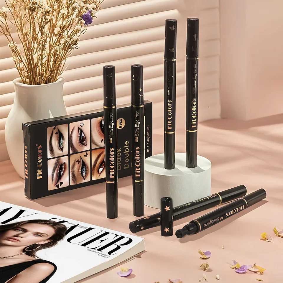 Fast Dry Liquid Eyeliner 6 Piece Set Double Ended Black Heart Star Stamp Waterproof Smudge Proof Makeup Kit DurableT251126