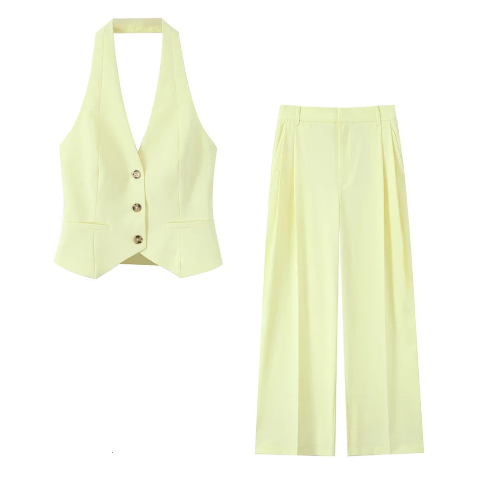 PB ZA205 Fashion Modern Elegant and Trendy Light Yellow Strap Fashion Tank Top and Wide Leg Pants Set 250414Z