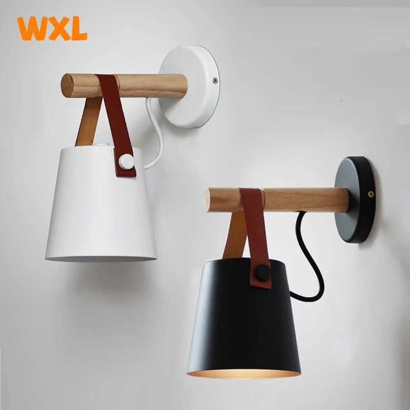 Modern LED Wall Lamp Bedroom Bedside Living Room Nordic Belt Wooden Wall Lamp E27 110-240V Black White M251126
