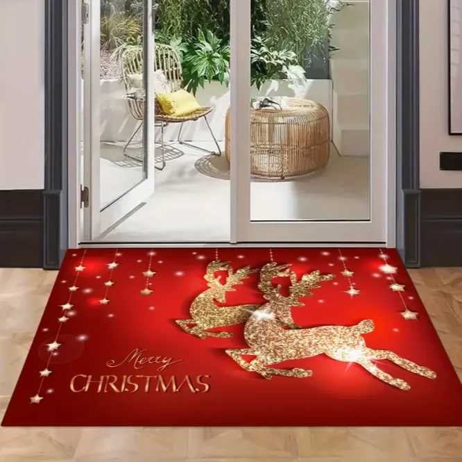1pcs Holiday Christmas Doormat Anti Slip Welcome Mat with Reindeer and Tree Design for Home Garden Decoration RugsM251126