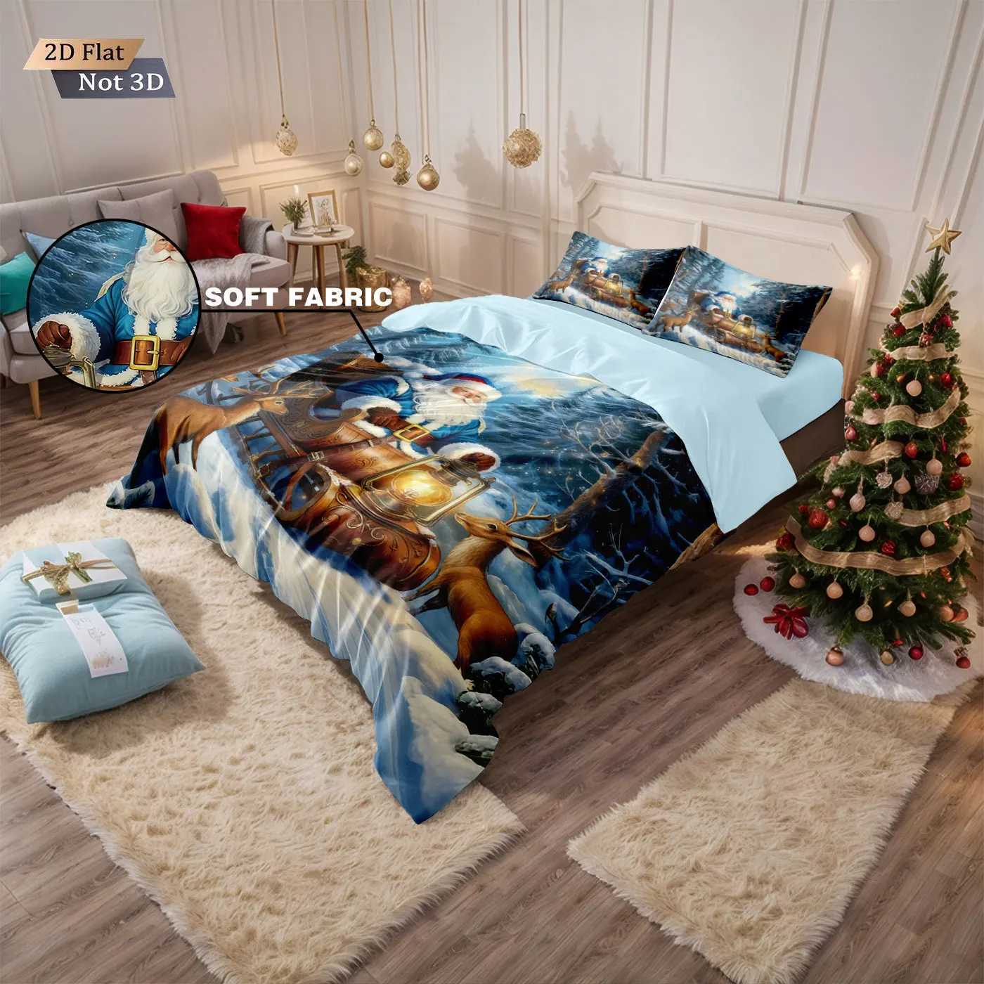 Christmas 3pcs Merry Christmas Santa Claus Printed Chipless Bedding Set Multi Size Bedding Decoration Comfortable and Machine Washable Y251126
