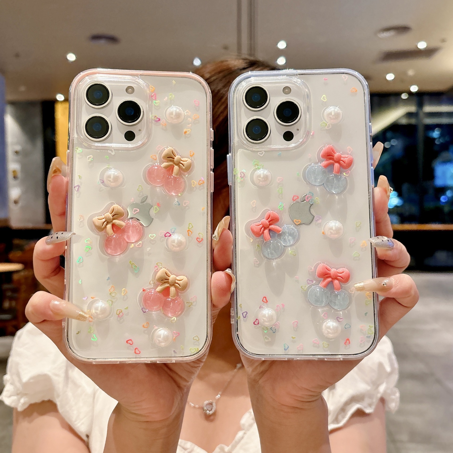 Compatible with iPhone 16 Two-in-One Candy Resin Cherry Phone Case Apple 15 Pro Max Pearl Transparent Two-Tone