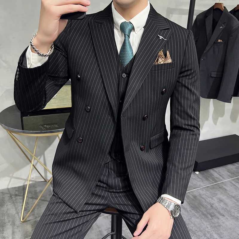 BlazerVestPants Groom Wedding Male Suit Luxury Brand Fashion Striped Mens Casual Business Office Double Breasted Suit K251105
