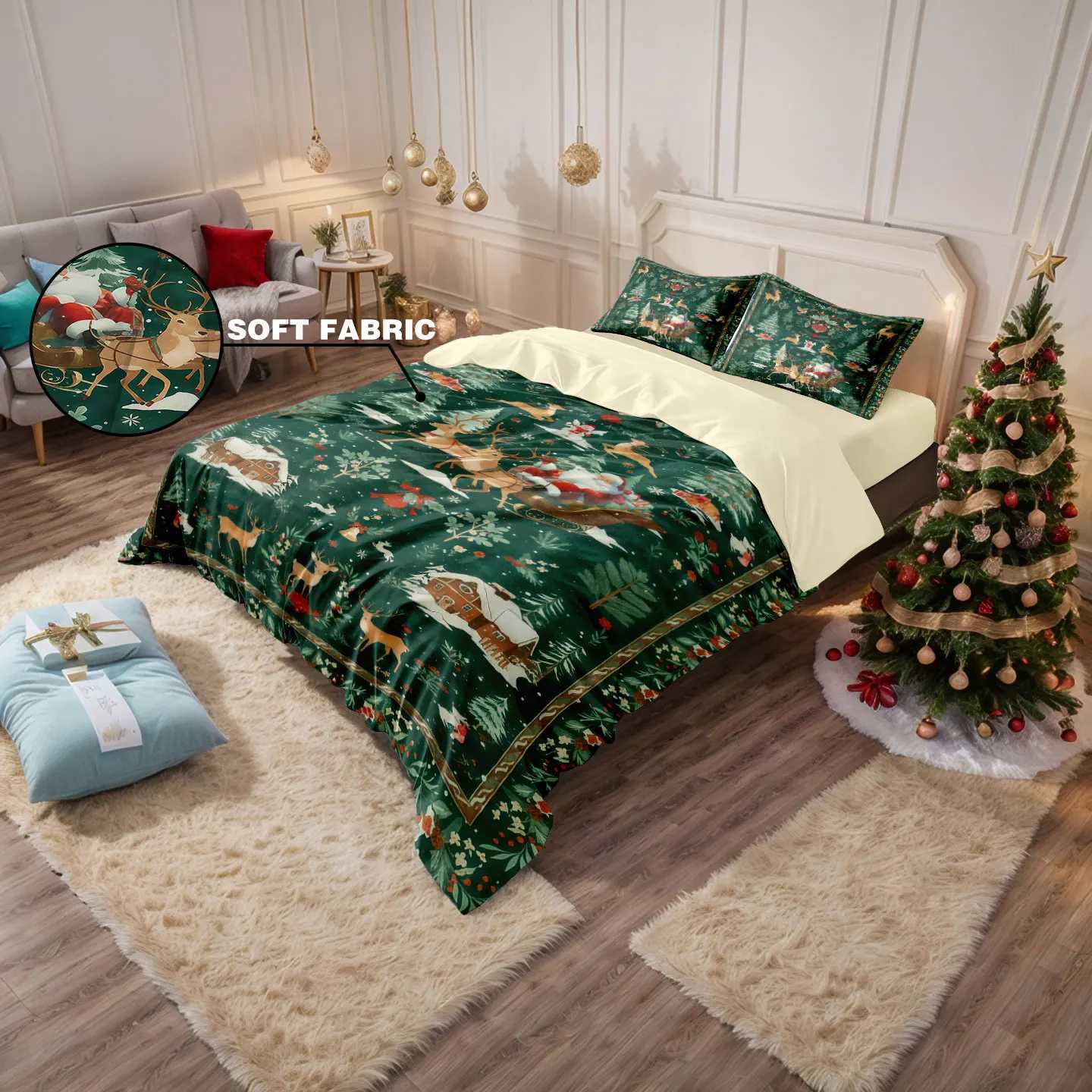 Christmas 3 Pcs Green Christmas Print Coreless Set Soft and Comfortable Including 1 Duvet Cover and 2 Complete Sets for Gift Y251126