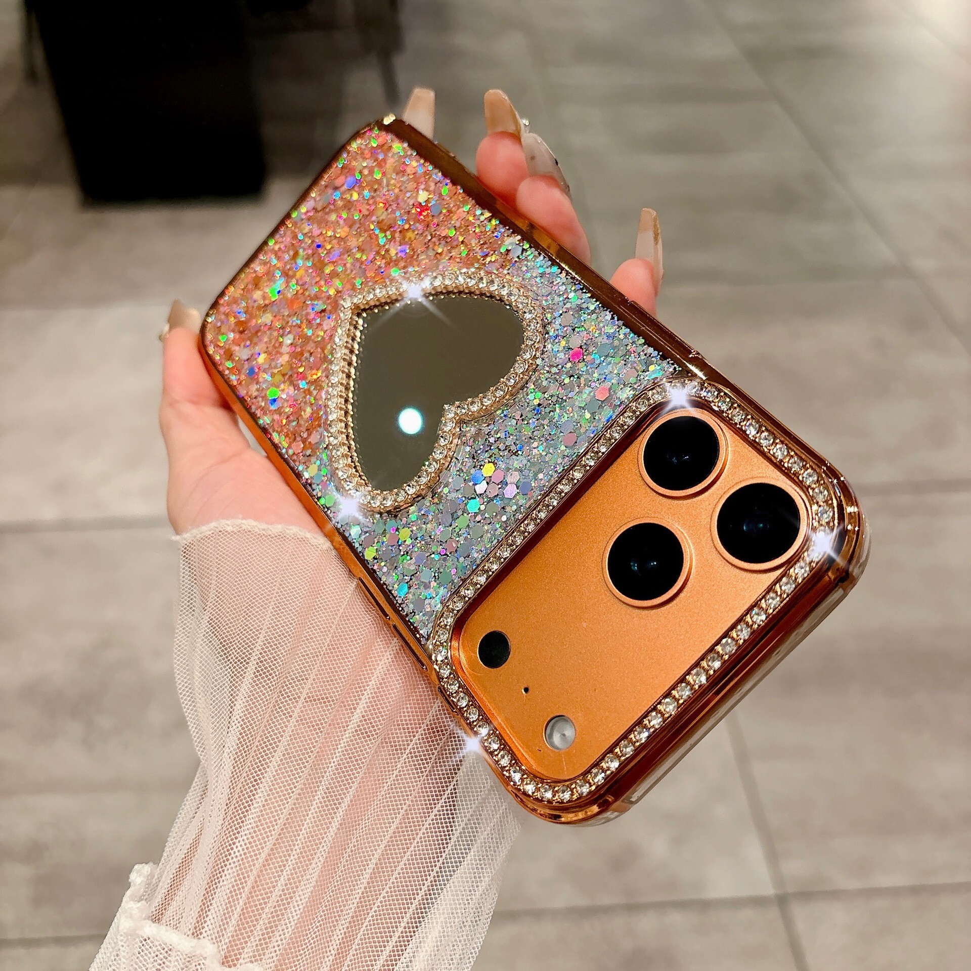 Gradient Glitter Phone Case Suitable for iPhone 17 Pro Max Heart Mirror Shockproof Cover iPhone 16/15/14 Pro