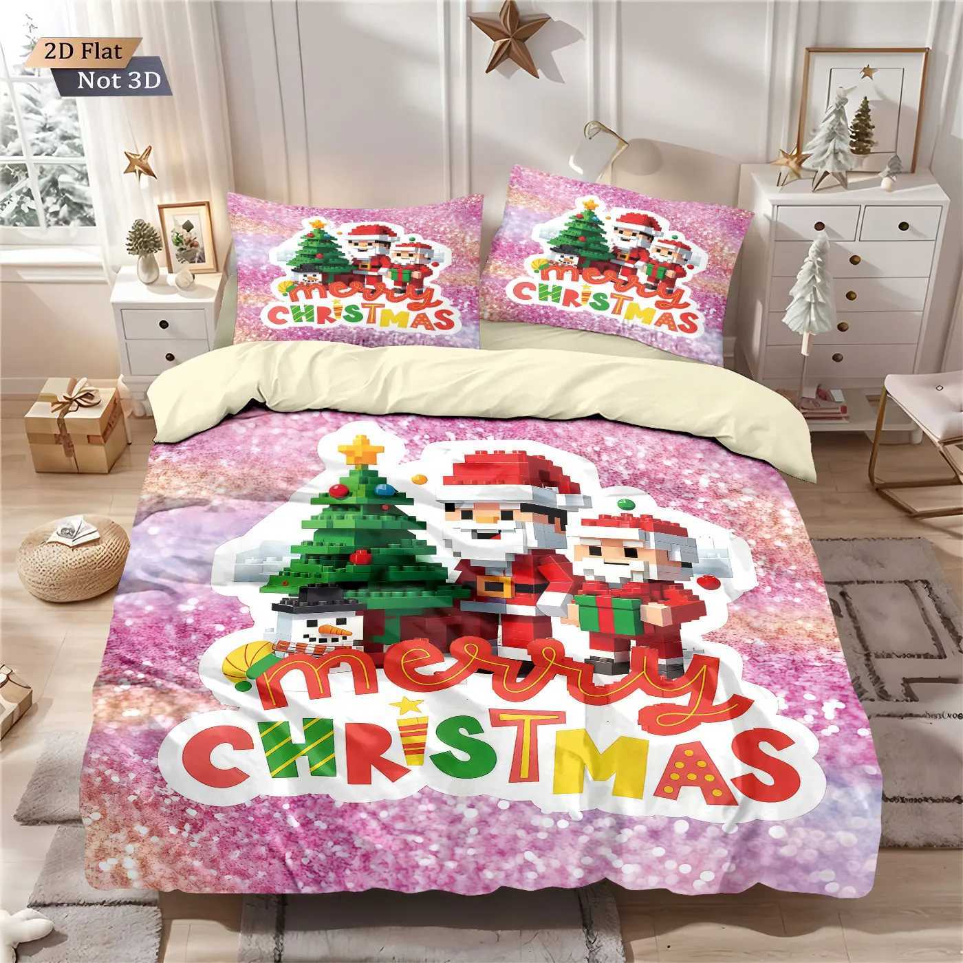 Christmas 3pcs building block style cartoon Santa Claus printed coreless bedding set multi size bedroom bedding holiday decoration Y251126