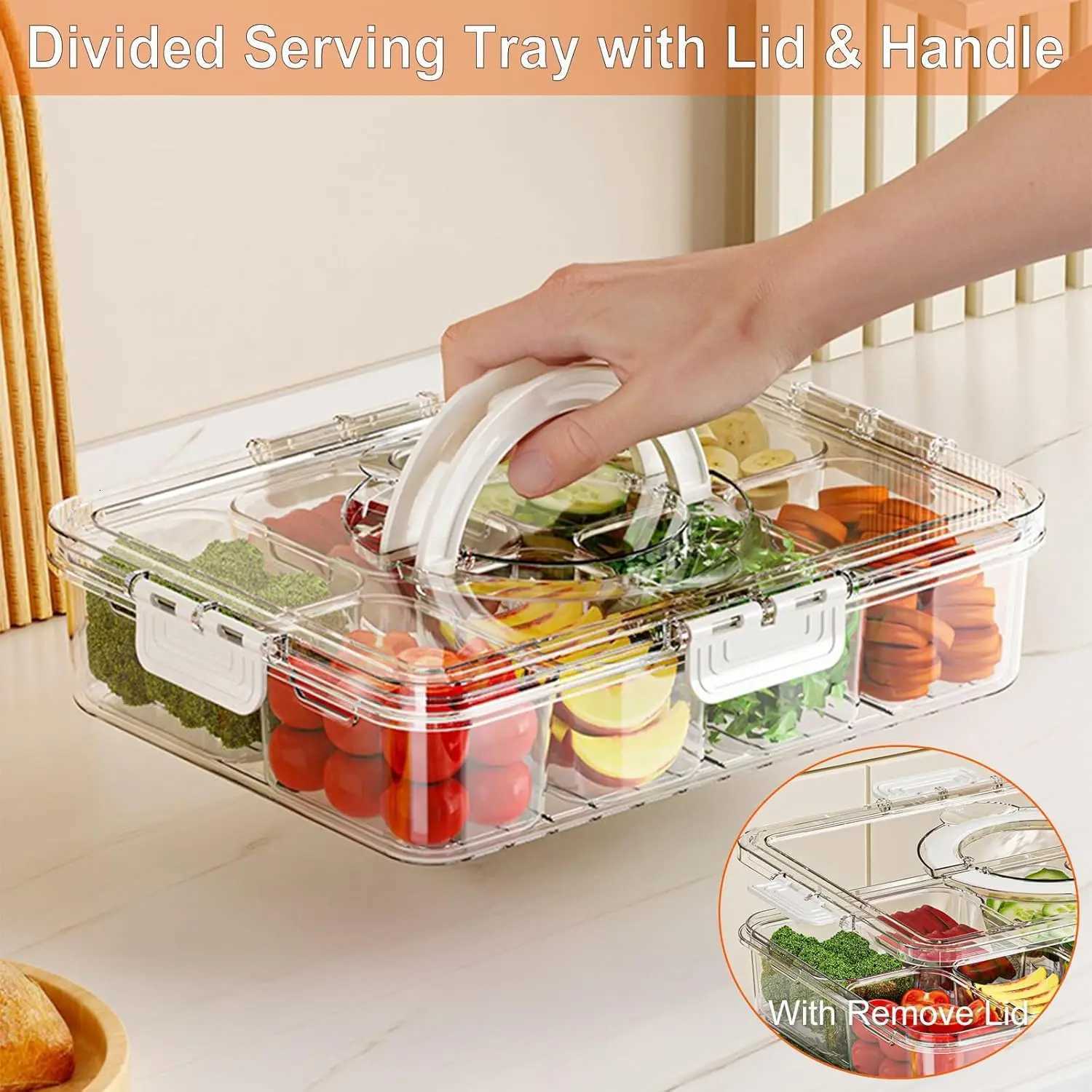 Veggie Tray with Lid and Handle Divided Serving Tray Snack Spinner Portable Snackle Boxs for Candy Fruits Nuts Clear Fridge Y251126