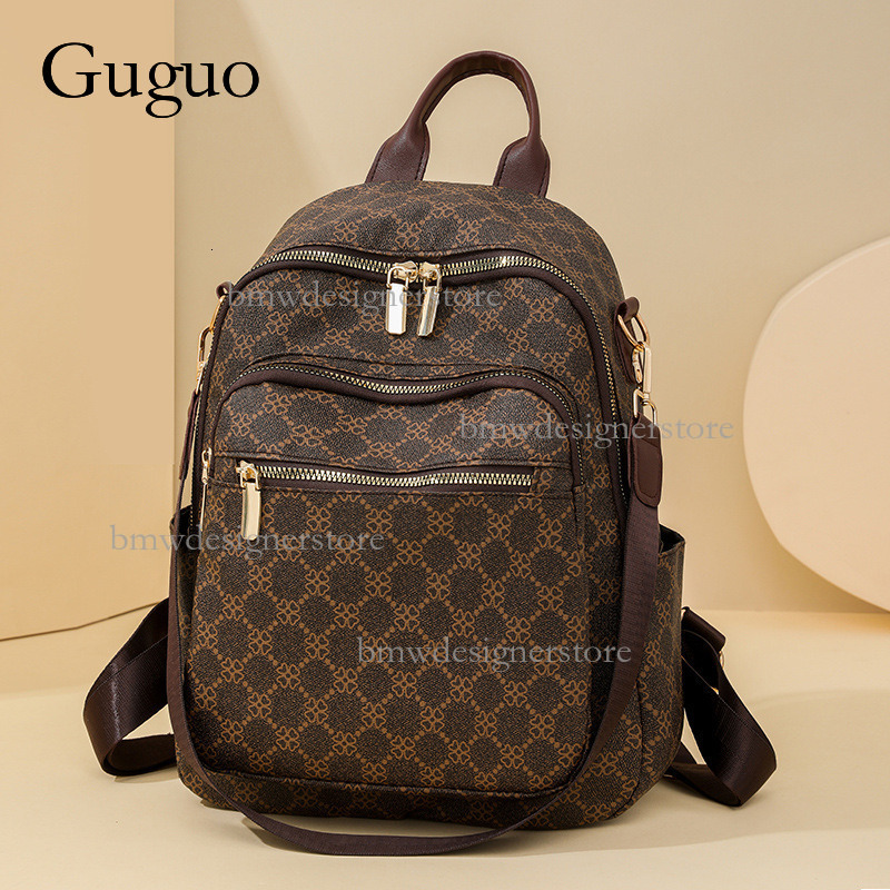 Guguo Designer Luxury Leather Women's Backpack New High-end Fashion Rules Grid Pattern Large Capacity Multi-purpose Travel Bag Casual Handbag