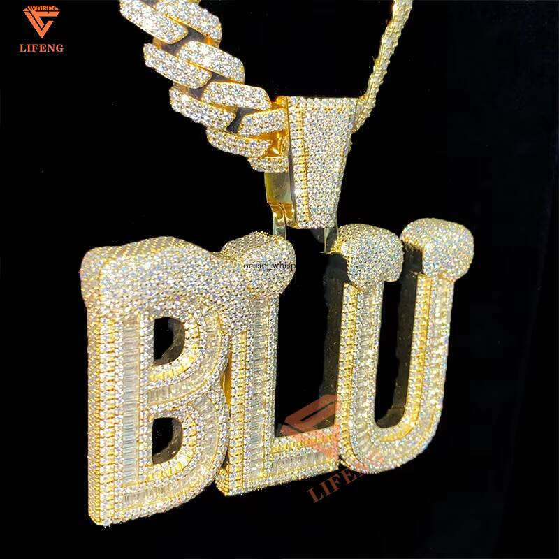 Hip Hop Double R Letter Baguette 18k Moissanite Vvs GRA Moissanite 925 Silver Personalized Necklace Iced Custom Jewelry 14k Chain Pendant - view 5