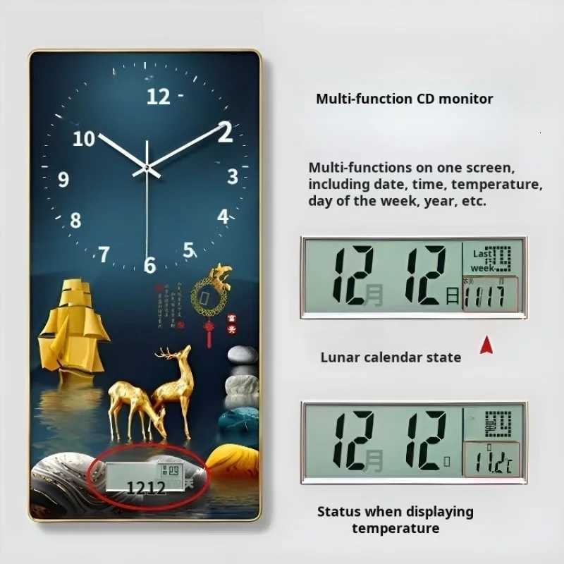Living Room Red Band Lucky Painted Wall Clock Rectangular Crystal Porcelain Clock Calendar Home Use Rectangular Wall Clock C251126