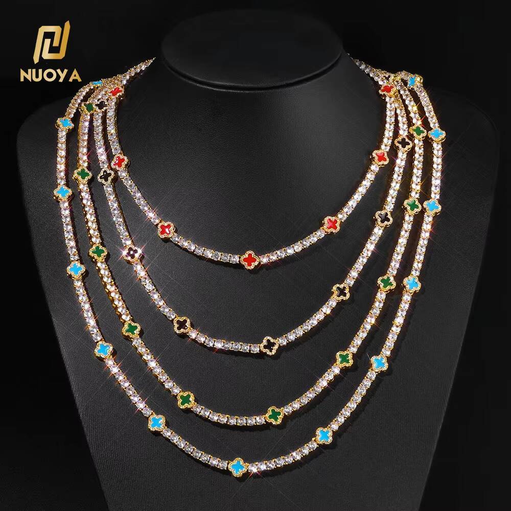 NUOYA Hip Hop Fine Jewelry Iced Out Diamond Tennis Chain Necklace Gold Plated Colorful Four Leaf Clover Tennis Chain for Women