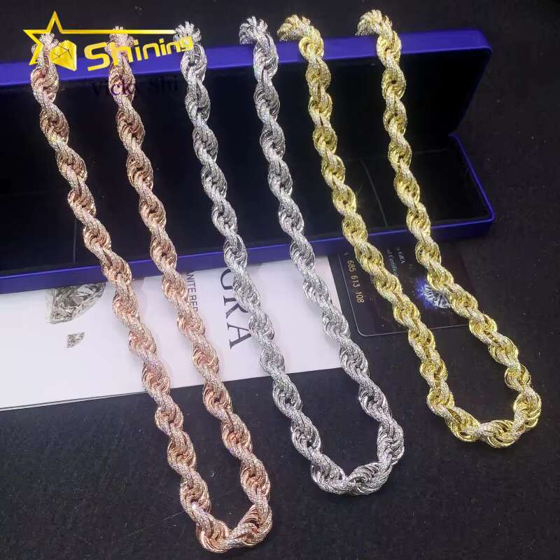 Fine Jewelry Sier Gold Plated 6MM 10MM Rope Hip Hop Moissanite Men Chain Necklace Pass Dia Tester
