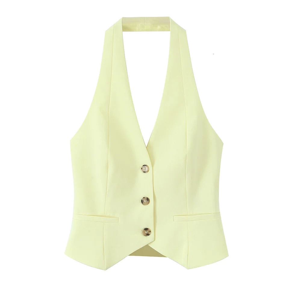 PB ZA205 Fashion Modern Elegant and Trendy Light Yellow Strap Fashion Tank Top and Wide Leg Pants Set 250414Z