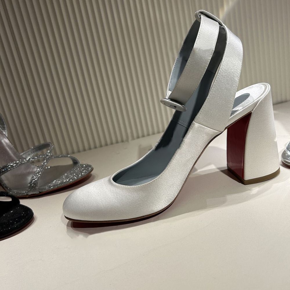 Women's White Satin Round Toe Ankle Strap Block Heel Pumps, Elegant Evening Party Dress Shoes---168-11