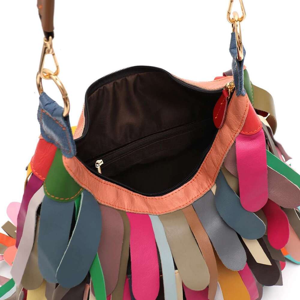 Designer Bag 2025 Women Daily Casual Slouchy Boho Style Colorful Real Sheepskin Tassel Fringe Hobo Shoulder Cross Body Bag Genuine Leather Handbag Lux