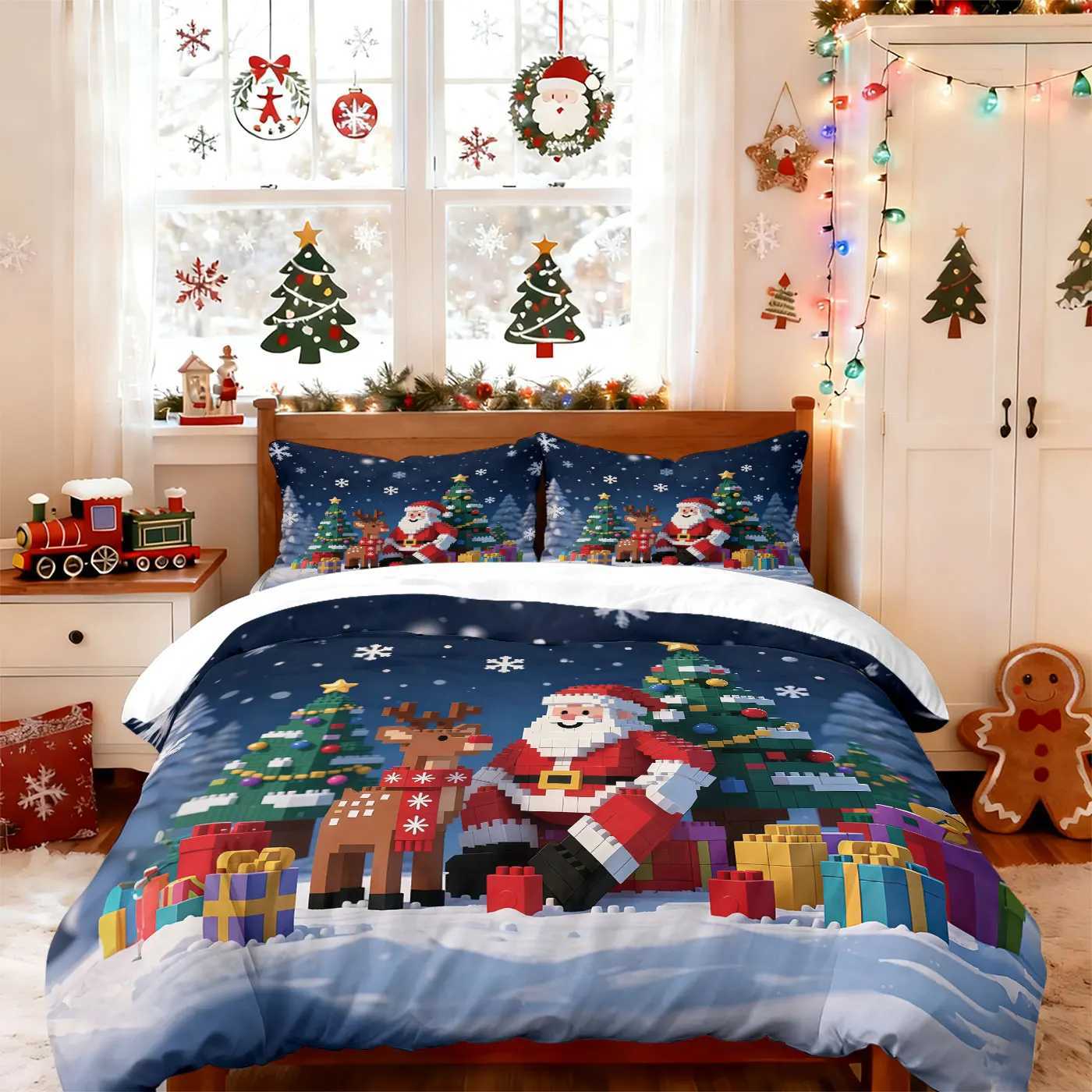Christmas 3pcs building block cartoon Santa Claus print coreless duvet cover set multi size bedroom holiday bedding holiday decoration Y251126