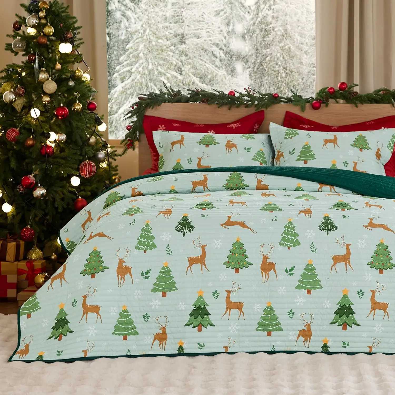 Christmas Christmas Quilt Bedding Set King Size Reversible Quilt Set with Christmas Tree and Reindeer Pattern Soft Microfiber Lightweight Y251126