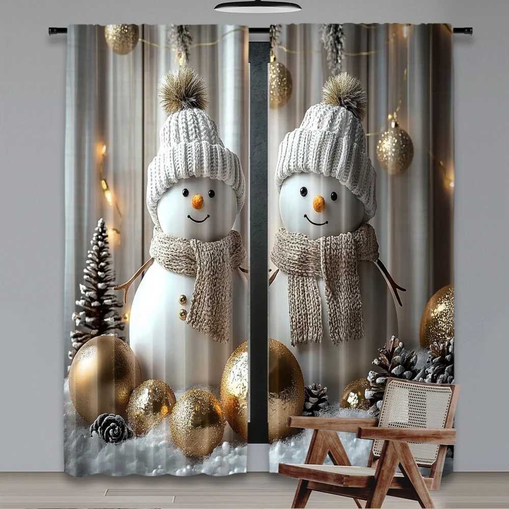 Curtain Christmas 2D flat printing 2pcs Happy Christmas fashion curtains Christmas snowman with golden orbs Digital Printed Polyester Drapes Y251126