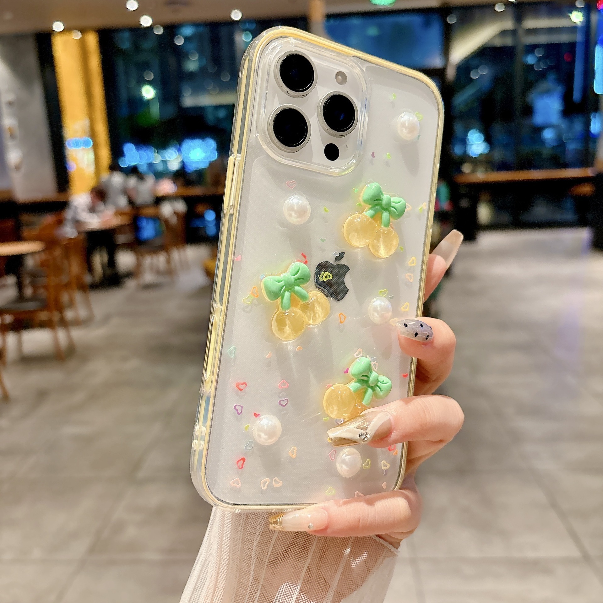 Compatible with iPhone 16 Two-in-One Candy Resin Cherry Phone Case Apple 15 Pro Max Pearl Transparent Two-Tone