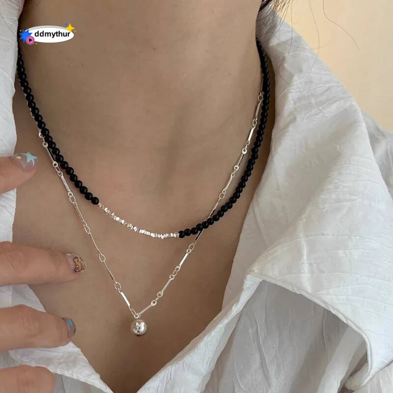 Sterling Sier Necklace Black Beads Square Irregular Punk Geometric for Women Girl Jewelry Gift Dropshipping Wholesale ddmythur