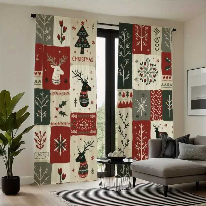 Curtain Christmas 2pcs Cute Patchwork Christmas Pattern Curtains Playful Design Light - Filtering Polyester Curtains for Christmas Home Windows Y25112