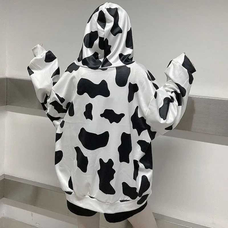 Thin Cow Patterned Hoodie Jacket for Women Spring Autumn Loose Fit Zipper Casual Trendy Open Cardigan Sweatshirt J251136