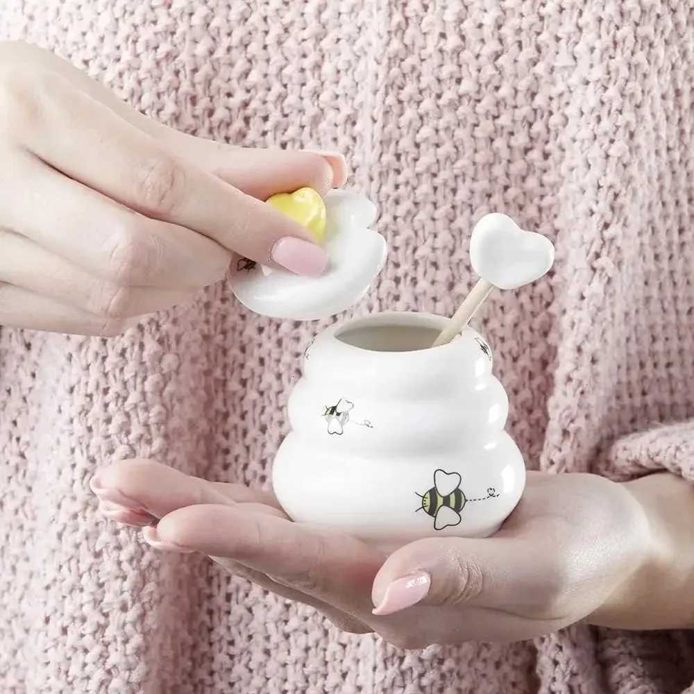 Kate Aspen Sweet as Can Bee Ceramic Mini Honey Pot with Wooden Honey Dipper 34 oz Honey Jar Bee Decor White/Yellow Y251126