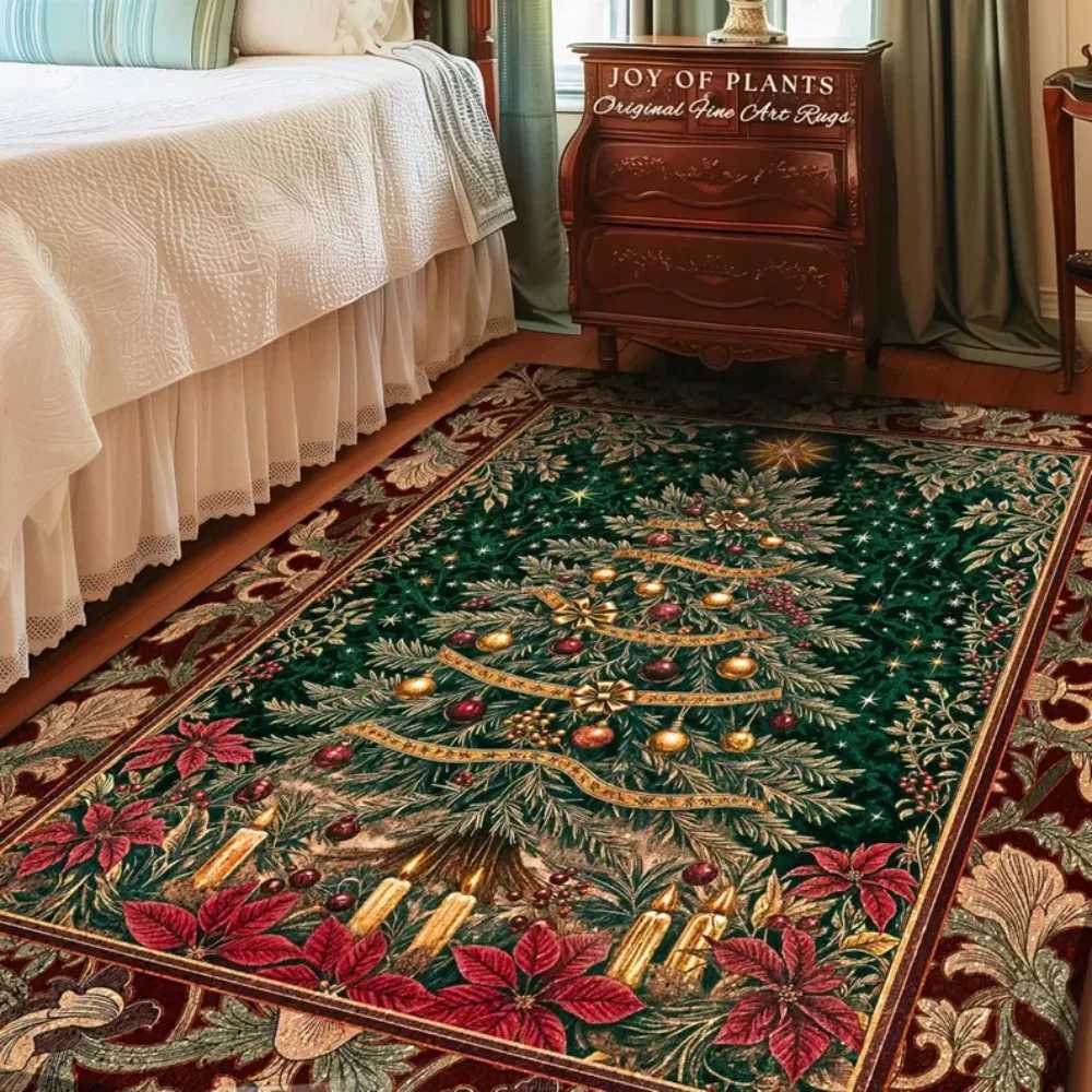 Christmas Tree Carpet Mat Rug with Poinsettia Gold Ornaments Gift Box Candy Cane Merry Christmas Home Decoration Bedroom DecorM251126