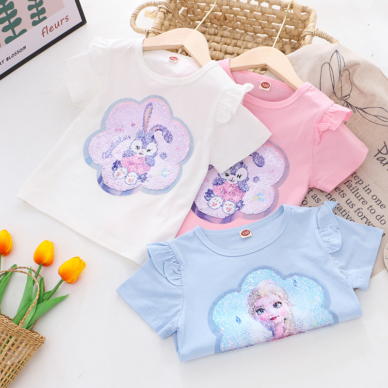 Disney baby designer clothing short sleeve clothes Color changing sequin short sleeve cotton T-shirt Summer children's clothes Baby girl casual w