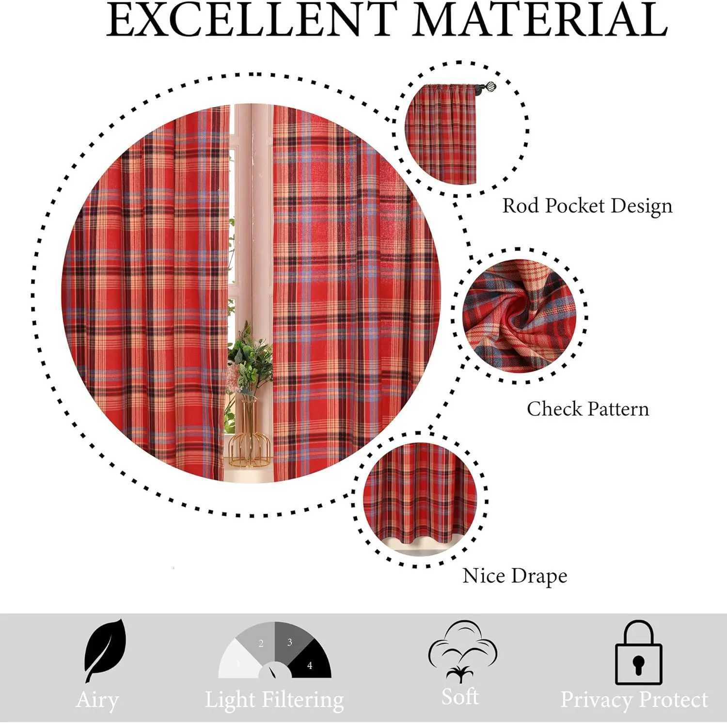 Curtain Christmas Semi-Blackout Windows Curtains Christmas Check Plaid Curtains for Bedroom Drapes in Living Room Redgreen Farmhouse Home Decor Y25112