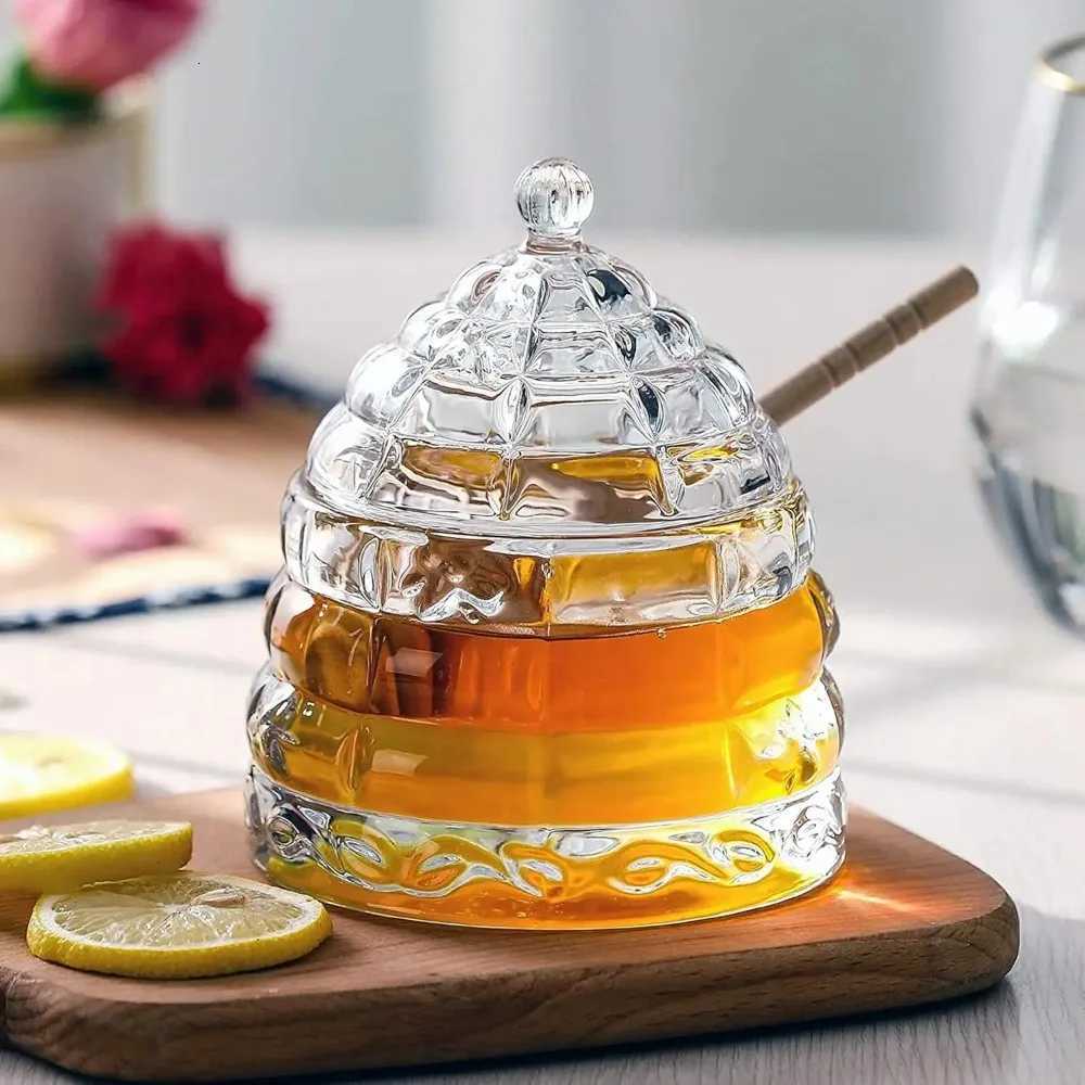 Crystal Clear Glass Honey Jar with Dipper and Lid 11oz Bee-hive Honey Pot for Counter or Table Decor Y251126