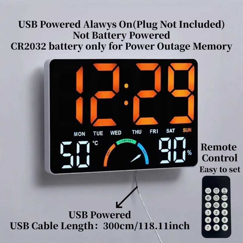 Large Digital Wall Clock TEMP Humidity Week Comfort Level 2 Alarm Snooze Table Clock 12/24H Timer 5-level Brightness LED Clock C251126