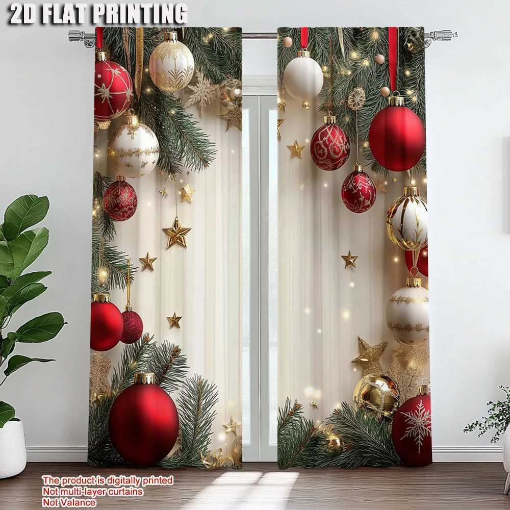 Curtain Christmas 2Pcs Festive Golden And Red Ball Pine Leaves Design Christmas Window Curtains Polyester Rod Pocket Design For Living Room Y251126