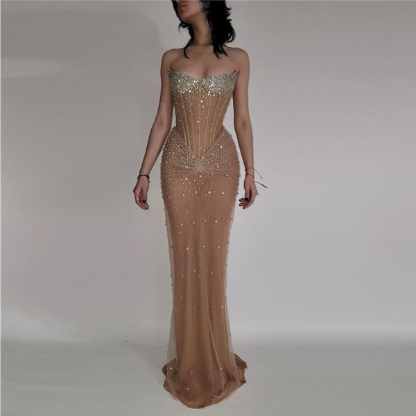 Gorgeous Dark Champagne Evening Prom Dresses Sexy Strapless Beads Crystals Corset Backless Long Vestidos de novia BC20529