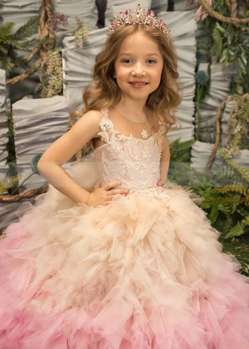Customized Pink Girl Princess Dress Lace Puffy Flower Girl Dresses Sleeve Cute Girl Birthday Dress Wedding Party Baby 251124