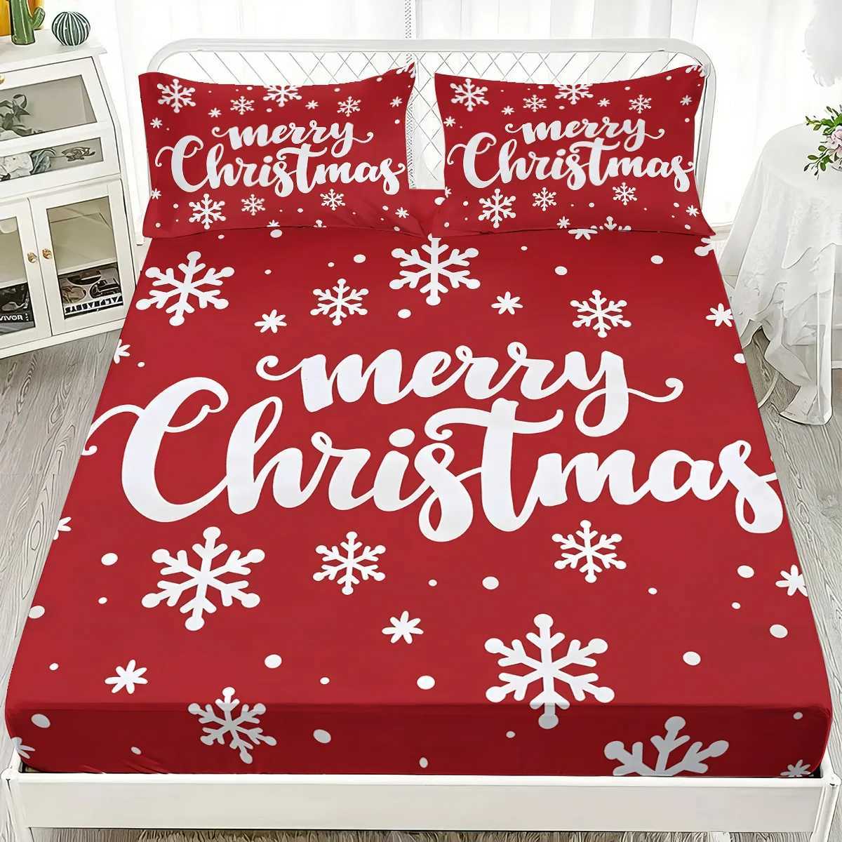 Christmas 3pcs Merry Christmas red print coreless Fitted Shee set multiple size soft bedcover bedroom bedding decorations machine washable Y251126