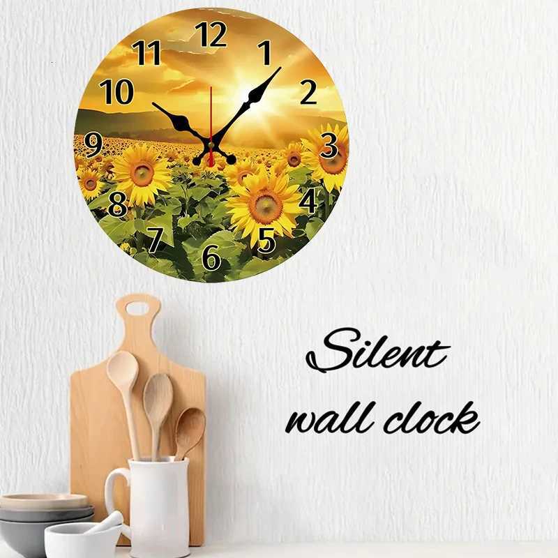 Sunflowers Design Wooden Round Silent Hanging Wall Clock Suitable For Living Room Office Study Room Bedroom Home Decoration C251126