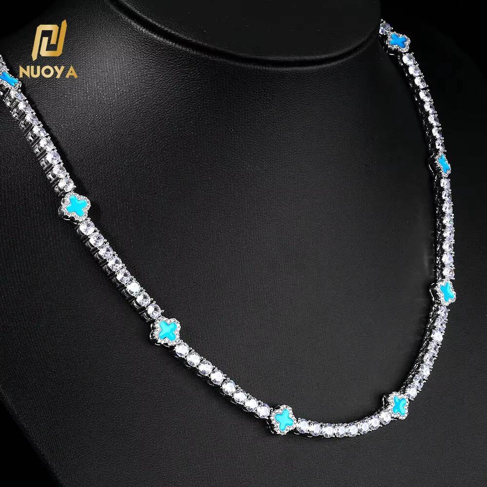 NUOYA Four Leaf Clover Tennis Choker Necklace for Women White Gold Plated Iced Out CZ Chain Fine Hip Hop Jewelry