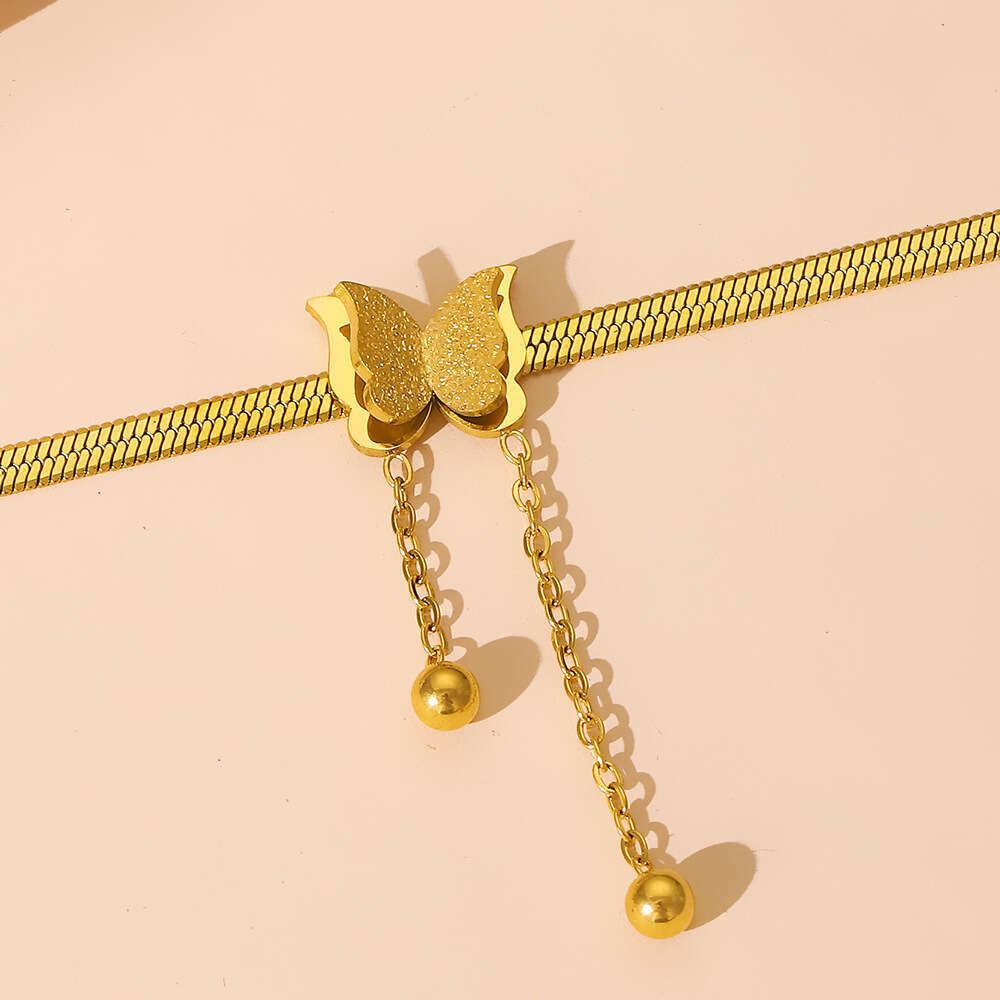 Niche stainless gold-plated frosted butterfly tassel thin chain pendant, fashionable snake bone chain, titanium steel necklace for women