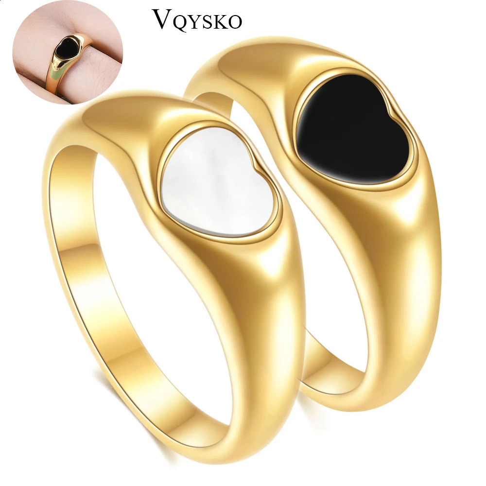 Black Enamel Statement Heart Pinky Ring For Women Valentine Day Gift Stainless Steel White Shell Anillo Mujer Jewelry Accessory 250425