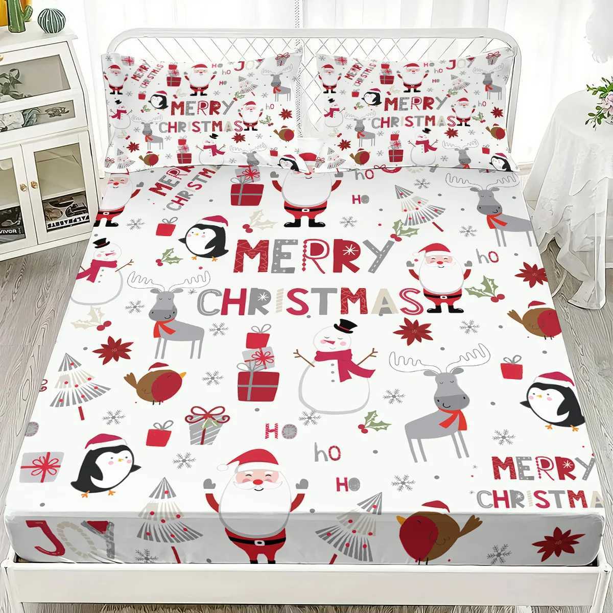 Christmas 3pcs Merry Christmas Cartoon Santa Claus Print Coreless Bed Sheet Set Multi Size Bed Cover Bedroom Dormitory Bedding Decoration Y251126